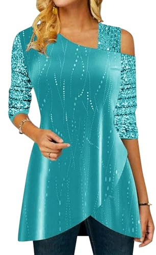 ORANDESIGNE Damen Glitzer Shirt Langarm Bluse One Shoulder Oberteile Schön Glänzend Longshirt Casual Elegante Festlich Mode Glitzertop Rundhals Longline Pailletten Bluse Tunika H Grün L