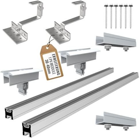 SET 1x PV-Modul, Photovoltaik, Aufständerung, Dachhalterung, Befestigung, Halter, Halterung, Solar, Solarmodul, Solarpanel, PV Halter, Ziegeldach, Komplettset für 30-40 mm (Erweiterung)