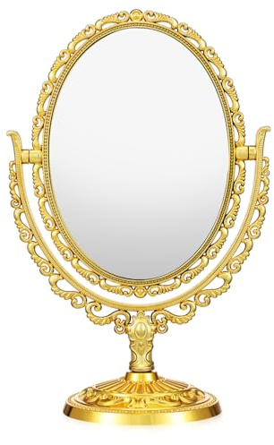 FOMIYES Schminkspiegel Stehend Make-up Gold Licht Tischplatte Drehbar Antik Schminktisch Vergoldeter Kunststoff zum Drehen