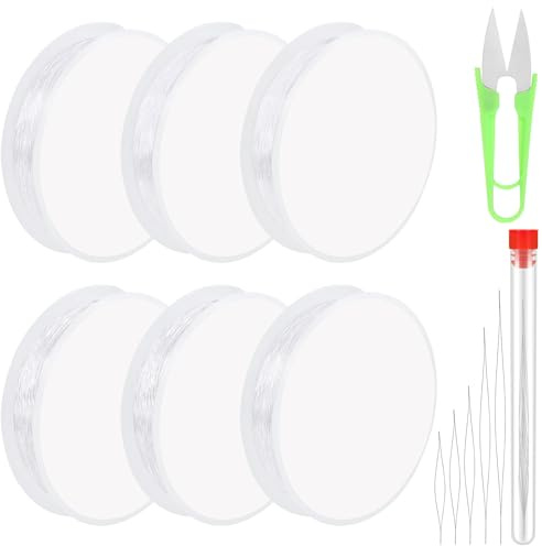 Glarks Lot de 12 bobines de fil élastique et d'aiguilles à perler - 0,6/0,8/0,4/0,7/0,5/1 mm - Transparent - Extensible - Avec 5 aiguilles à gros chas