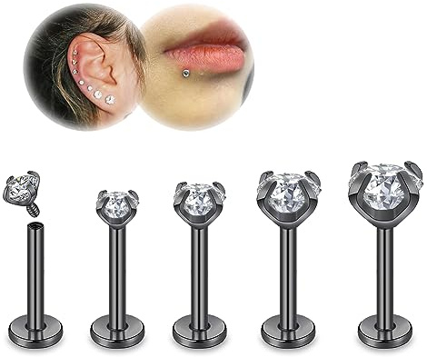 ZS Lippen-Labret-Ohrstecker, 16 G/18 G, Edelstahl, Innengewinde, Schmuck für Nase, Conch, Medusa, Zirkonia, Helix, Tragus, Ohrring für Damen und Herren, 16g,L:6mm, Kristall Diamant Edelstein, Zirkonia