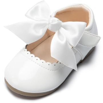 CENCIRILY Girls Mary Jane School Shoes with Bow Toodler White Patent Shoes Classic Princess Wedding Party Dress Shoe for Little Girl