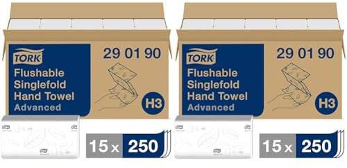 Tork Schnellauflösende Zickzack Papierhandtücher - 0290190 - Falthandtücher zum Nachfüllen für Papiertuch Spender, H3 Advanced - 2-lagig, weiß - Großpackung mit 15 x 250 Tücher (Packung mit 2)