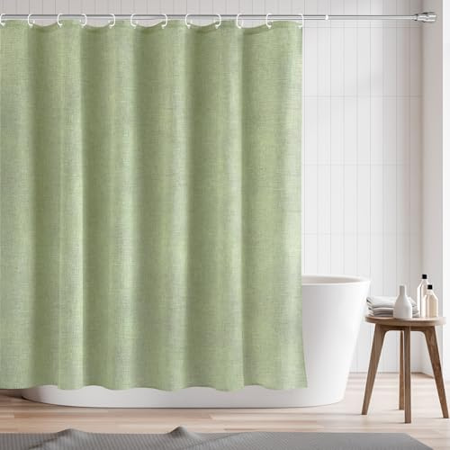 RAYNEAY Duschvorhang aus natürlichem Leinen, wasserabweisend, 182 x 182 cm, robuster Stoff, Leinenstruktur, Duschvorhang mit beschwertem Saum und Haken für Badezimmer, Nassraum, Badewanne (Grün)