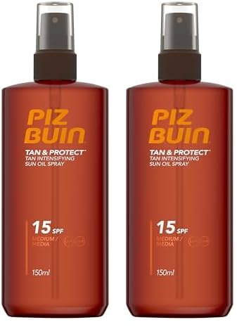 PIZ BUIN Protector Solar Líquido en Spray SPF15, Tan & Protect Acelerador del Bronceado Corporal y Facial, No comedogénico, para todos los tipos de piel, con Vitamina E y Protección UVA/UVB, 150 ml