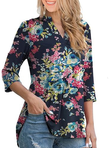 Heersan Tunique Femme Chemisier Coton élégant à Col en V pour Femme Chic Chemisier Ample à Manches Enroulables à 3/4 Manches Longues Hauts de Base T-Shirt Imprimé Floral/Couleur Unie Blouses