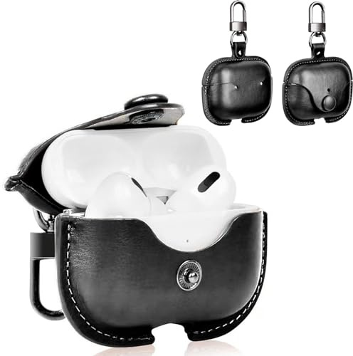 YAODLE Custodia compatibile con Airpods Pro 2, in vera pelle PU, con moschettone, anti-impronte, anti-abrasione (nero)