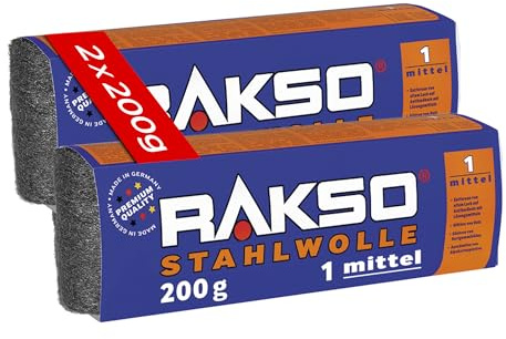 RAKSO Stahlwolle mitte 1-400 g, 2 Banderolen à 200g, glättet Holzoberflächen, entfernt alten Lack v. Antikmöbeln, säubert Hartgummiböden