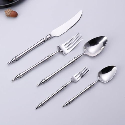 Leichter Luxus Legendärer Römischer Säulengriff Küche Edelstahl Silberbesteck Geschirr Besteck Set Steakmesser Gabel Löffel Teelöffel (Silber,5 Stück)