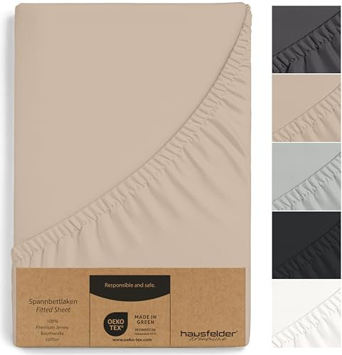 Hausfelder Topper Boxspringbett Spannbettlaken 180x200 bis 200x200 cm, bis 15 cm Matratzenhöhe, Jersey Baumwolle Bettlaken Bezug für 180x200cm bis 200x200cm Boxspringbetten Matratzen, Beige