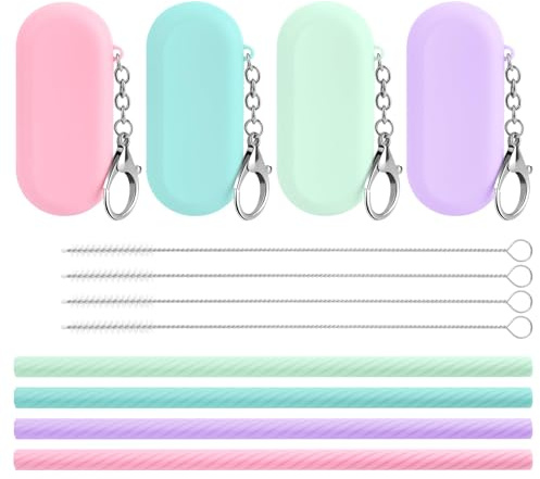 4er Set Silikon Strohhalme für Kinder Faltbare Reise-Trinkhalme Wiederverwendbare mit Aufbewahrungsbox & Schlüsselanhänger Für Bubble Tea, Cocktails Heiße/Kalte Getränke Inkl. Reinigungsbürste