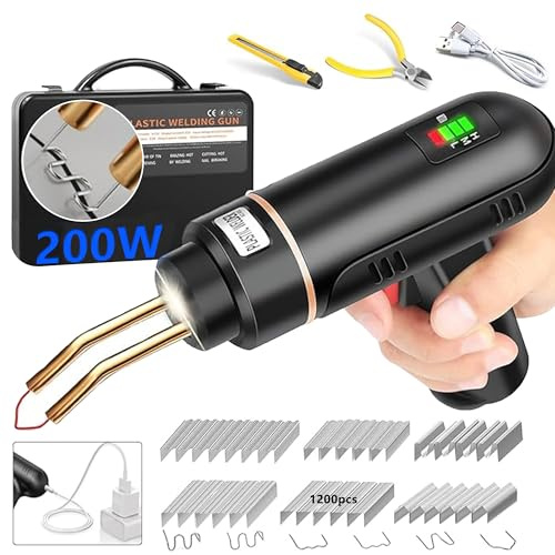 200W Kunststoff Schweißgerät Reparaturset - 5000mAh mit 1200 PCS Klammern | USB Wiederaufladbare kabelloser Heißhefter für Auto Stoßstangen und Armaturenbrett