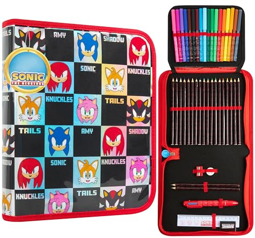 Sonic The Hedgehog Federmäppchen Jungen und Mädchen Gefüllt mit Stiften Anspitzer und Mehr Mäppchen Federtasche mit Shadow Knuckles Tails Amy Print