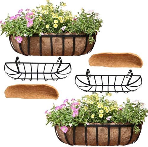 Muzrunq Railing Planter Window Boxes, 2 Set Horse Trough Window Planter with Coconut Fiber Liner Baskets Hanging Basket In Flower Pot for Windowsill Porch Fence Patio