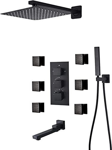 Wandmontiertes Duscharmatur-Set-System, Duschsystem, thermostatisches, verdecktes Duscharmatur-Set, Wandmontage, mattschwarz, Verbrühungsschutz-Dusch-Kombi-Set mit 6 Körpersprays mit Handbra