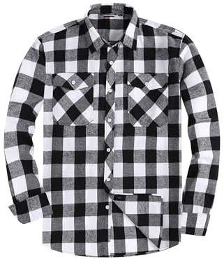 JupiterSecret Chemise en flanelle pour homme, à manches longues, à carreaux, coupe droite, avec col boutonné et poche de poitrine, Gris-blanc, XL
