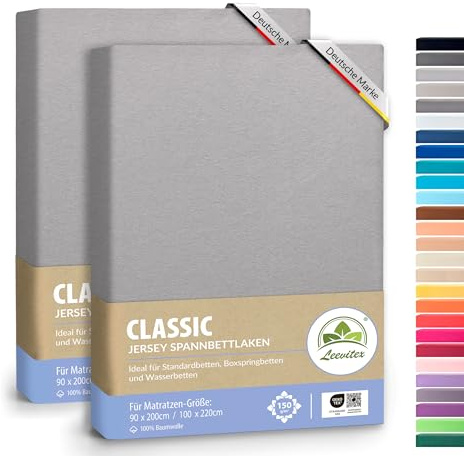 leevitex® Classic Jersey Spannbettlaken 90x200 – 100x220 cm | 150 GSM Baumwolle | Öko-Tex Zertifiziert | für Standard-, Boxspring- und Wasserbetten | 40 cm Steghöhe | 2er Pack | Grau