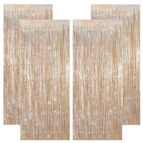 KICNIC Lametta Vorhang Champagner Glitzer, 4 Stück Lametta Vorhänge, Glitzervorhang 1m x 2.5m, Tinsel Curtain für Fotowand, Geburtstag, Silvester, Disco, Halloween, Hochzeit und Weihnachten Party Deko