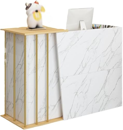 Empfangstheke Ladentheke, Verkaufstheke Empfangstheke mit abschließbaren Schubladen, Büroempfangstisch mit Regalen und 4 Ablageflächen, Empfangstisch für den Laden (Marmor, 140*90*35 cm)