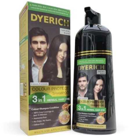DyeRich Grey Hair Shampoo – Natural Black | Hair & Beard Dye Shampoo for Men & Women | 15 Minute Grey Coverage | No Ammonia | UK Brand | 400ml