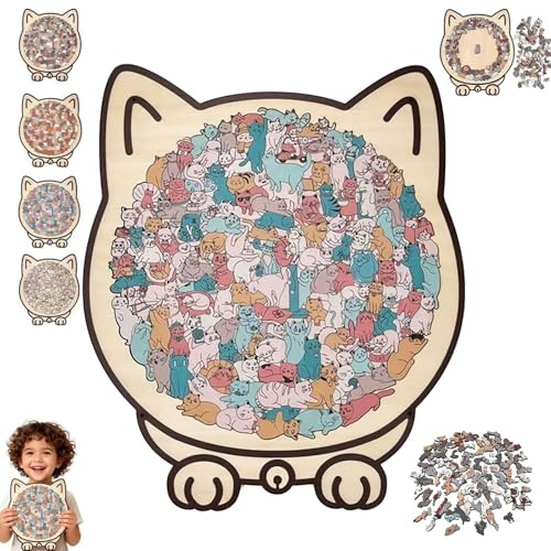 Lot de 135 puzzles en bois en forme de chat aux couleurs Morandi - Chat animal mignon - Décoratif avec des contours charmants de chats - Encadré et avec couvercle acrylique - Cadeaux créatifs pour la