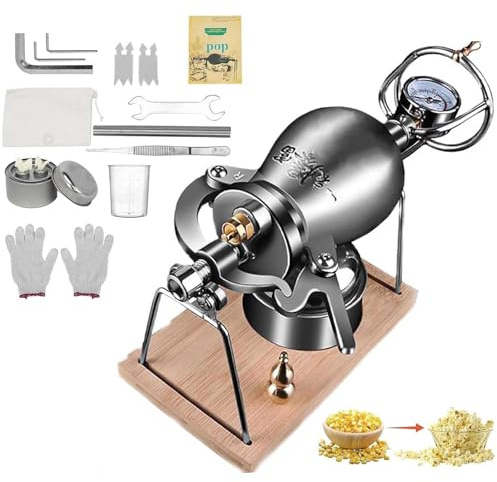 Chinese Vintage Popcorn Maker, Mini Portable Puffed Rice Maker Popcorn Cannon, Stainless Steel Pressure Popcorn Machine with Cotton Bag for Home Camping Party(Silver,368 ml)