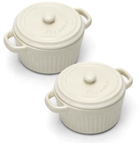 Mini cocotte con tapa, Cacerola Fuente para horno de cerámica con 2 asas, Moldes redondos con tapa para soufflé, lasaña, crème brûlée, postres, aptos para microondas y horno (Blanco, S-250ml-2pc)