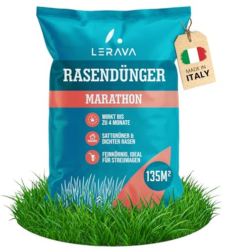 LERAVA Rasendünger Marathon (135 m²) - Sommerdünger Rasen mit Langzeitwirkung - NPK Langzeit Rasendünger für dichten vitalen Rasen - Kontrollierte Nährstoffabgabe bis zu 3 Monat
