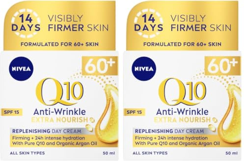 NIVEA Q10 Anti-Wrinkle 60+ Extra Nourishing Day Cream SPF15 (50ml), Deeply Restoring Anti Wrinkle Face Cream for Intense Hydration, Reduces Wrinkles and Firms Skin, Dry Skin Face Moisturiser