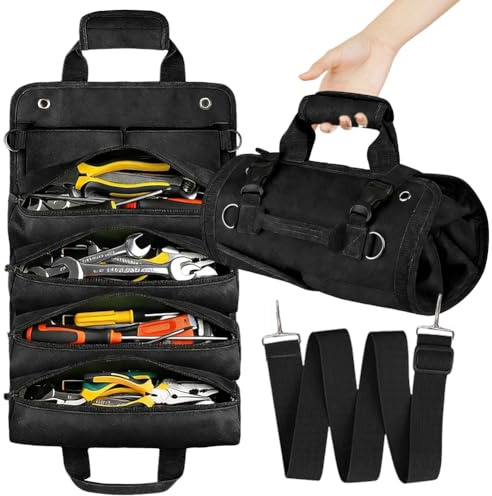 Sac à outils enroulable, 33 x 48,7 cm, cadeau pour homme, cadeau d'anniversaire, gadget pour homme, sac à outils, avec bandoulière réglable et poignée de transport, noir