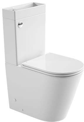 sanicomfort Stand-WC Kombination mit Waschbecken oben, spülrandloses WC-Set inkl. WC-Sitz, Spülkasten und Messingablauf, waagerechter Abgang, ohne Armatur, weiß
