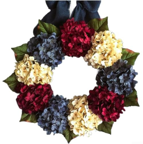 Corona de hortensias de plástico de 40 cm en tono rojo profundo para decoración de boda, fiesta al aire libre, vacaciones, puerta y decoración de pared