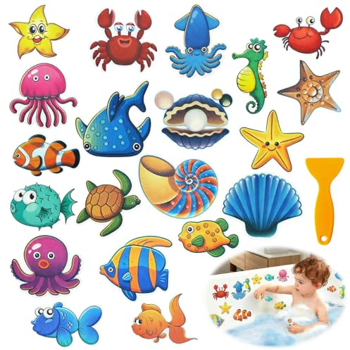 Yutissi 20Pcs Autocollants Antidérapants pour Baignoire, Motif Créatures Marines Antidérapant Baignoire pour Douche Baignoire et Sols Glissants Imperméable Durable avec Grattoir