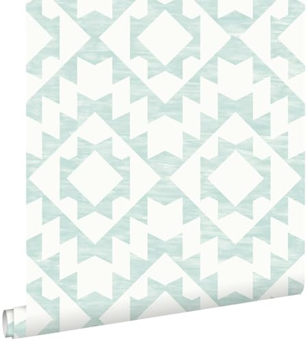 Tapete Marrakescher Aztec-Teppich Pastell Mintgrün und Weiß - 148674 - von ESTAhome
