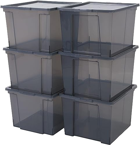 Iris Ohyama Vielseitige Aufbewahrungsbox mit Deckel, Stapelboxen, 30L, 6er-Set, Grau, Stapelbar, Plastik, Für Schrank, Regale, Organisation, Kleidung, Bettlaken, Plastikbox mit Deckel, USB-M