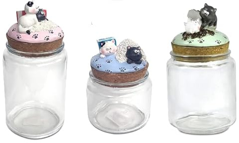 Paolo Chiari Set 3 Barattoli in Vetro Caffè, Zucchero e Sale, Applicazioni in Marmoresina, Conservazione Perfetta Cibi e Aromi, Idea Regalo Utile per Cucina, Made in Italy (Gattini)