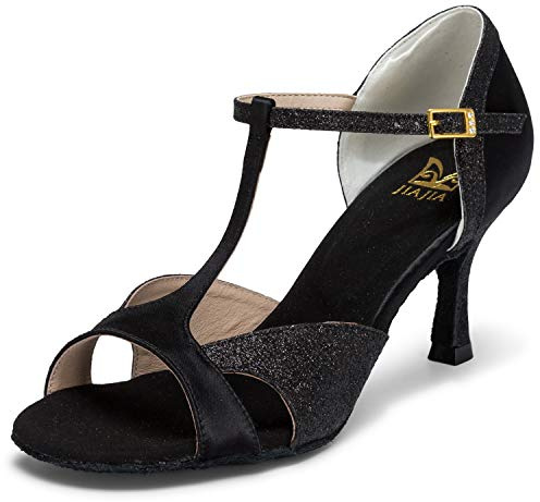 JIAJIA 2055 Latin Dam Sandaler 7,5 cm Flared Heel Super Satin Dansskor Färg Svart,Storlek 38 EU (5 UK)