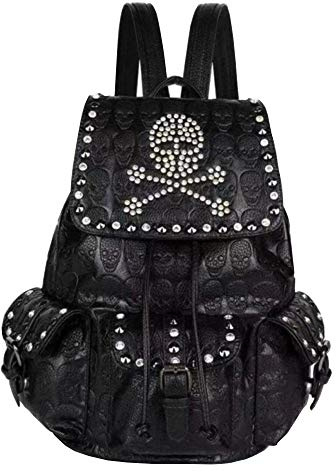 FiveloveTwo Damen Nieten Rucksack Strass Daypack Multi-Pocket Geldbörse Schädel Umhängetasche Shopper Schwarz