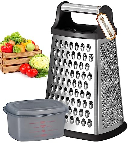 Ourokhome Cheese Grater with Handle, Box Graters with Container, Stainless Steel 4 Sides, Kitchen Slicer Shredder Zester Grater for Parmesan Cheese, Vegetables, Ginger, 10 Inch(Black)