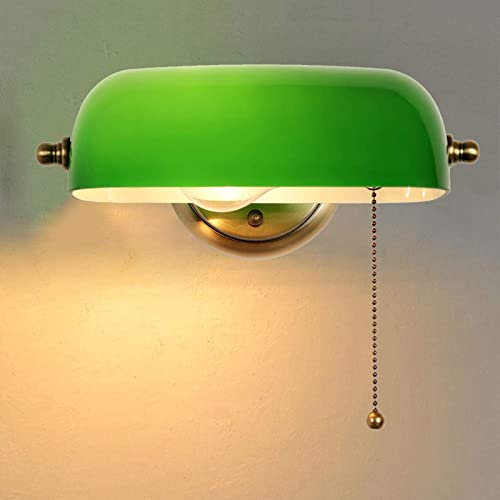 QJUZO Applique Murale Banquier Vert En Verre Avec Interrupteur À Chaîne À Tirer, Lampe De Chevet Enfant, Lampe Murale E27, Base En Métal Bronze, Pour Chambre Cuisine Applique Luminaire Orientable