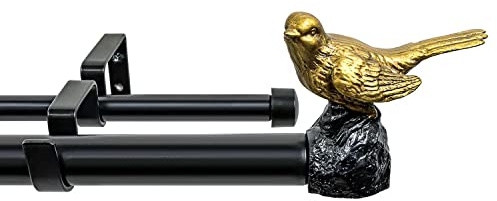MERIVILLE 1-Inch Diameter Telescoping Double Window Curtain Rod, Renaissance Gold Bird Finials, (48-84, Black Rod)