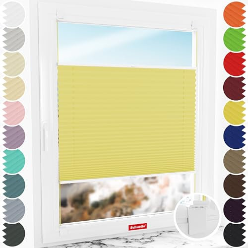 Schuette® Plissee ohne Bohren zum Kleben ● Premium Kollektion: Summer Time (Gelb) ● 60x80cm (Breite x Höhe) ● Suprafix Klebe- & Schraubhalter 2in1 Set Letsbond ● Bequeme Rollo