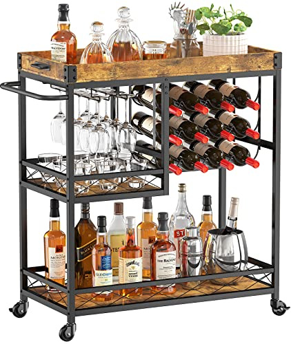 Lifewit Bar Cart, Home Bar Serving Cart, 3 Tier Drink Cart with 12 Wine Bottle Racks, Liquor Beverage Cart for Kitchen Dining Livingroom, 30 x 15.7 x 36.6 inch, Removable Top Tray, Rustic Brown