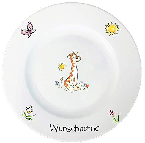 Doriantrade Speiseteller 27cm Kinderteller Teller Porzellan Giraffe personalisierbar mit Wunschname Name Kindergeschirr mit Namen personalisiert