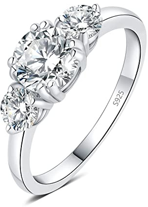 JewelryPalace Tres Piedras Anillo Plata Mujer 1.4ct Moissanita Corte Redondo, Anillo Compromiso Plata de Ley 925 Diamante Simulado, Anillo Promesa Niña Clásico Piedra, Conjunto Joyas para Novia 20,5