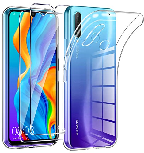 Phoona HandyHülle für Huawei P30 Lite Hülle mit 2 Stück Panzerfolie,Dünne Weiche TPU Silikon Transparent Stoßfest Schutzhülle für Huawei P30 Lite Hülle Klar Kratzfest