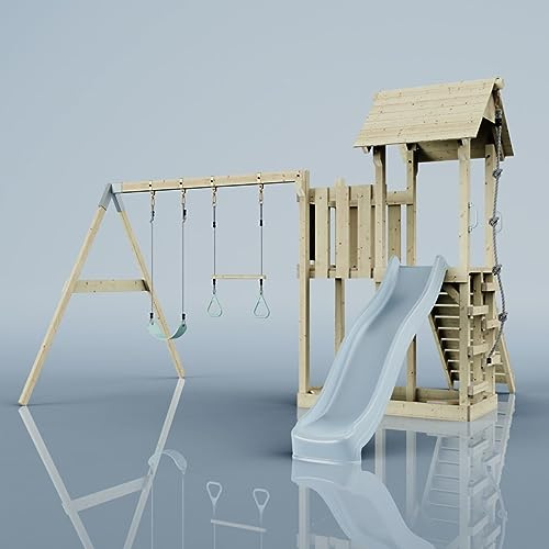 Rebo Spielturm mit Wellenrutsche und 2X Kinder-Schaukel, Outdoor Klettergerüst Garten mit Plattform,Eisblau