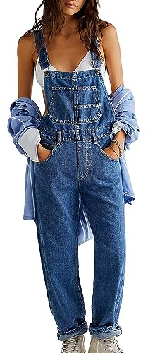 Loalirando Tuta Lunga in Denim da Donna Salopette Elegante Monopezzi Pantaloni Larghi Jeans Casual (Blu, M)