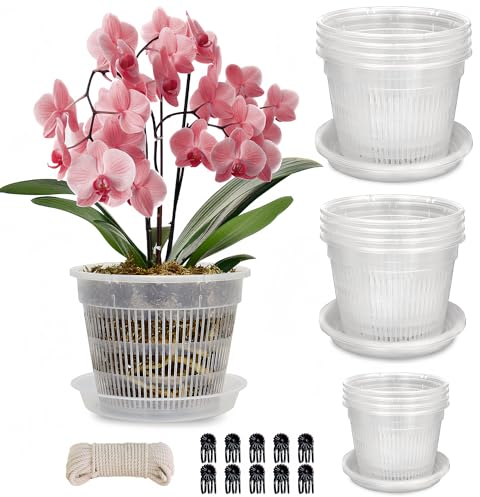Tialero Paquete de 12 macetas para orquídeas con platillos, 4 macetas de orquídeas de 4.5 pulgadas, 5.5 pulgadas y 6.3 pulgadas para trasplantar, macetas de orquídeas transparentes con agujeros,