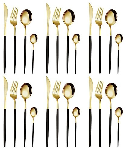 Surakey Service Couverts de Table 6 Personnes, 24PCS Set de Couverts en Acier Inoxydable 410 avec Couteau Fourchette Cuillère à Soupe Cuillères à thé, Passe au Lave-Vaisselle (Or Noir)
